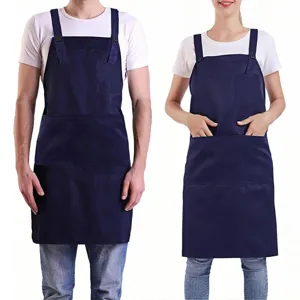 Adjustable double shoulder polyester work apron with front pockets in dark blue for restaurant.