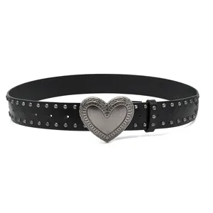 Black PU leather belt with heart buckle and metal studs, trendy Y2K casual streetwear.