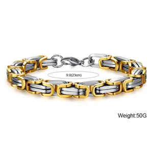Stainless steel men's heavy link bracelet two-tone gold silver punk rock jewelry detail