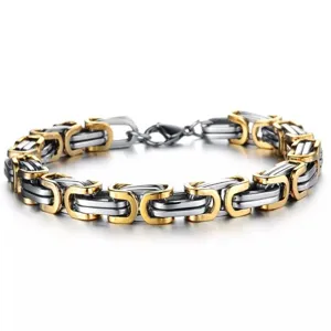Exquisite stainless steel men's bracelet detail featuring heavy two tone interlocking links.
