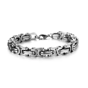 Stainless steel Byzantine chain bracelet, intricate metal link design, men's punk jewelry detail.