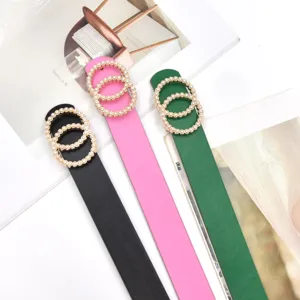 Women's fashion pearl double circle buckle belt, stylish waist accessory for jeans and dresses.