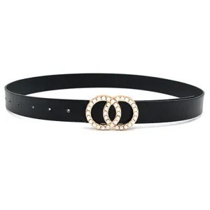 Women fashion black leather belt with pearl double circle buckle for dress and jeans.