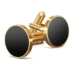 Classic minimalist gold metal cufflinks with black round inlay for men's formal shirts