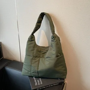 Large capacity dark green quilted shoulder bag, soft commuter hobo bag for daily use.