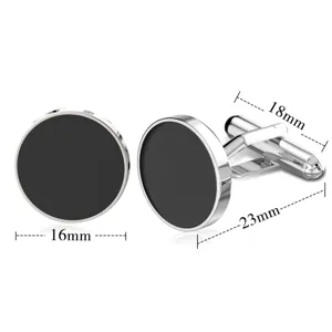 Classic metal cufflinks with round black face and dimension details for men dress shirt cuffs.