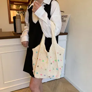 Women Woven Tote Bag Large Capacity Casual Shoulder Bag Vacation Knitted Handbag With Colorful Pearl Embellishment