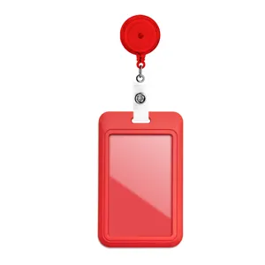 Red retractable badge reel with vertical ID card holder, durable office nurse badge clip item.