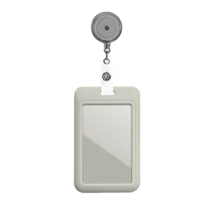 Retractable badge reel with vertical ID card holder, clear window, and clip for office.