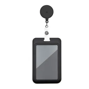 Black retractable ID badge reel with protective card holder case for office workers and nurses.