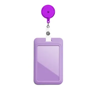 Purple vertical ID card holder with retractable badge reel and strap clip for daily work use