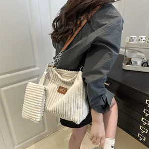 Corduroy shoulder bag for women large capacity casual tote bag commuter handbag with pouch