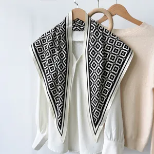 Elegant black and white geometric print triangular scarf versatile stylish neckerchief for women.