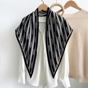 Black white striped triangular silk scarf with letters print, versatile neckerchief women.