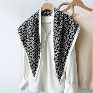 Retro black white paisley triangular scarf women elegant vintage blouse fashion matching outfit.