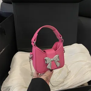 Korean style pink bow kids handbag, autumn cute toddler shoulder messenger bag with chain.