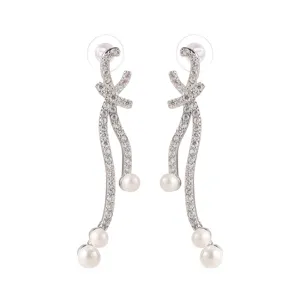 Lange strik kristal parel oorbellen voor vrouwen, elegante mode hangende oorstekers sieraden.