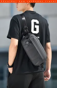 Men outdoor functional tactical chest bag detail view, sleek dark gray cross body casual daypack.