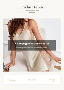 Dettaglio della camicia da notte in raso champagne con inserti in pizzo delicato