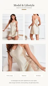 Dettagli camicia da notte in raso champagne con pizzo e spalline sottili.