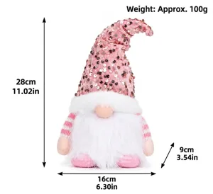 Handmade pink sequined Christmas gnome plush decoration with dimensions and weight