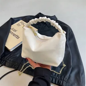Women Small Ruched Handle Crossbody Bag Fashion PU Leather Chain Shoulder Bag Urban Minimalist Zipper Satchel Purse