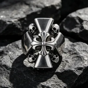 Vintage Stainless Steel Skull Cross Ring For Men Gothic Punk Rock Biker Jewelry Retro Antique Polished Band Ring Gift
