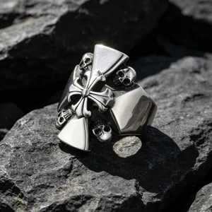 Vintage titanium steel skull and cross ring with gothic hip-hop style design