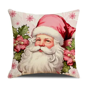Vintage Santa Claus print linen square pillowcase for festive Christmas home decor