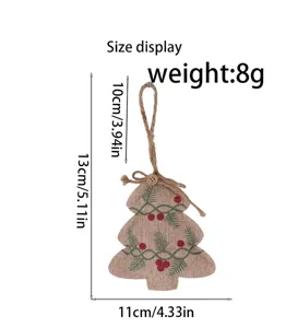 Burlap Christmas tree hanging ornament with pine motif, size 13x11cm, weight 8g.