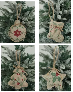 Set of 4 rustic burlap Christmas ornaments including stocking, star, tree and ball shapes