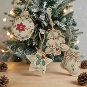 Rustic Burlap Christmas Tree Hanging Ornaments Farmhouse Style For Holiday Home Decor With Wood Button And Twine Rope