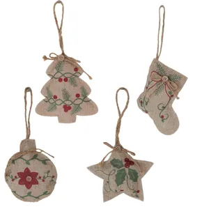 Set of 4 burlap Christmas ornaments including tree, stocking, star and ball.