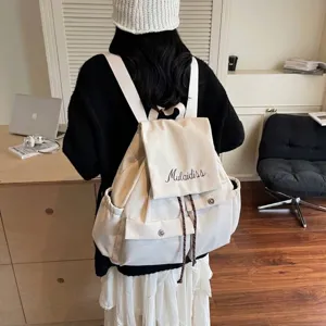 Women Large Capacity Casual Backpack Solid Color Canvas Nylon Travel Bag With Letter Embroidery Drawstring Multi Pocket Backpack