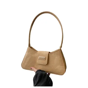 Vintage khaki suede-like baguette underarm bag for women with sleek shoulder strap