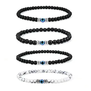 Bracelet en Perles de Pierre Volcanique Naturelle Turquoise Blanche Mauvais Œil pour Hommes Espaceurs en Acier Inoxydable