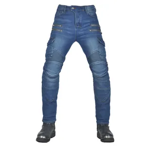 Vaqueros de moto azules con rodilleras protectoras y cremalleras decorativas de metal