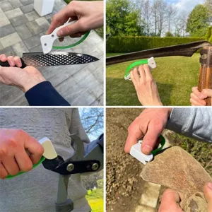 Handheld portable knife sharpener detail showing multi-functional sharpening use for outdoor tools.