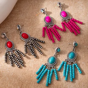 Bohemian turquoise tassel earrings retro ethnic style vintage multi-layer beaded drop jewelry