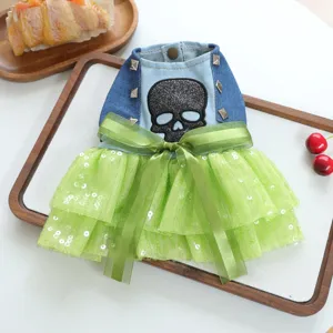 Pet dog denim dress green mesh skirt puppy party costume skull pattern cute pet apparel 1pc