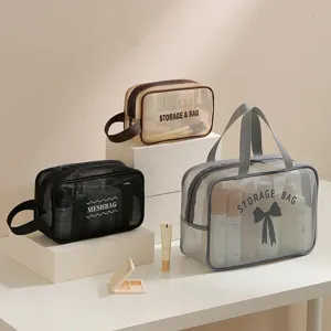 Portable Mesh Toiletry Bag Travel Makeup Pouch Large Capacity Waterproof Cosmetic Organizer With Zipper And Handle