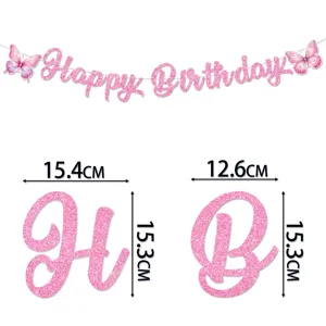 Roze glinsterende Happy Birthday banner met vlinders en afmetingen voor feestdecoratie.