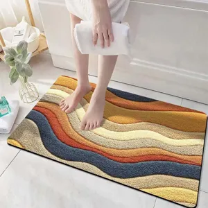 Detailed view of the abstract wavy bath mat showcasing its soft velvet surface and vibrant colors.