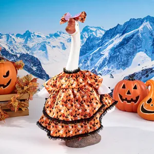 Detailed close-up of the Halloween goose outfit with spooky ghost and pumpkin prints.