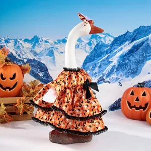 Halloween porch goose decoration with pumpkin ghost dress outfit for holiday lawn and home decor
