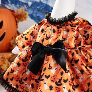 Halloween porch goose dress orange pumpkin ghost printed costume with big black bow tie