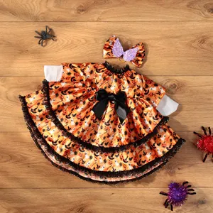 Halloween goose outfit set with pumpkin ghost dress and matching purple glitter wing bow.
