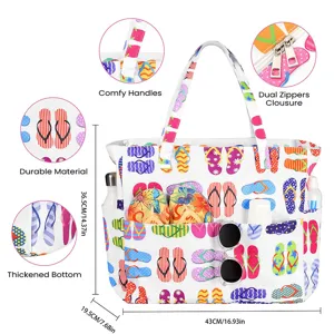 Large capacity canvas beach tote bag with vibrant colorful flip-flop print for travel.
