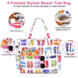 Stylish beach tote bag with 8 pockets, large capacity waterproof travel shoulder bag for women.
