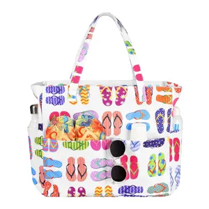 Large capacity beach tote bag with colorful flip-flop print, perfect travel shoulder bag for summer vacation.